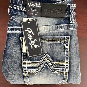 True Luck Men`s Jeans Straight Medium Wash 32x32 NWT $60 Embroidered Bootcut
